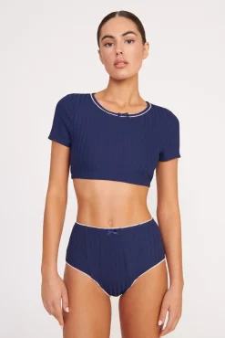 BRENTON HIGH RISE BIKINI BOTTOM  NAVY WHITE