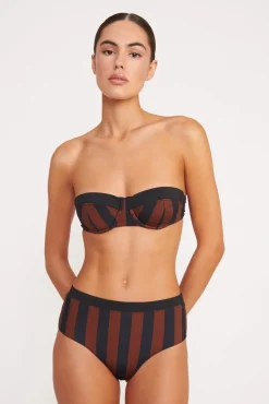 DEVON HIGH RISE BIKINI BOTTOM  BLACK TAN SEASHORE STRIPE