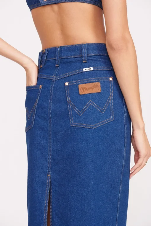 STAUD + WRANGLER THE PENCIL SKIRT  DARK RINSE
