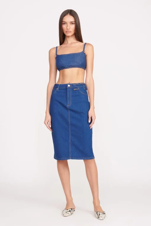 STAUD + WRANGLER THE PENCIL SKIRT  DARK RINSE